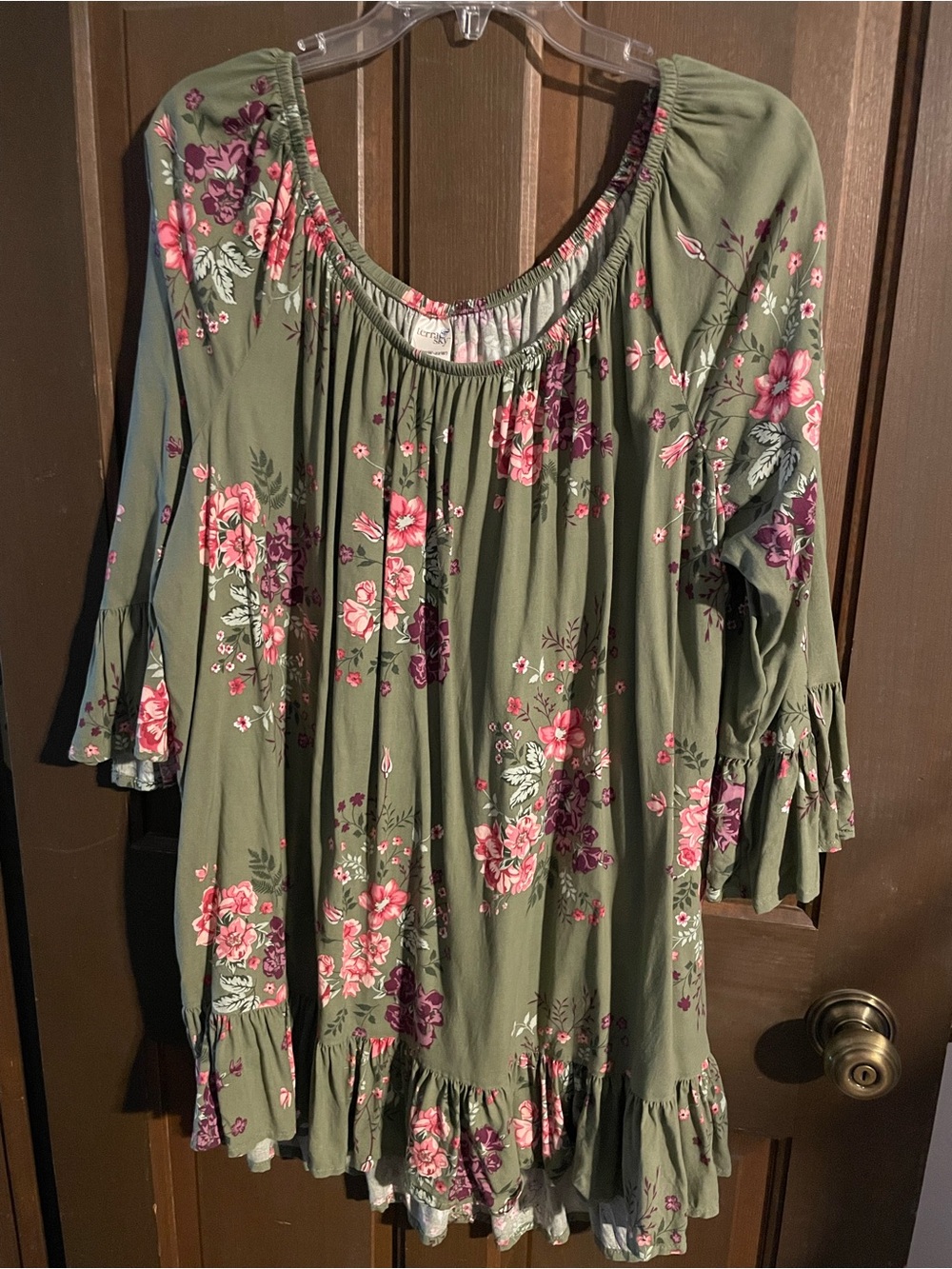 Terra & Sky Olive Green Floral Ruffle Peasant Top